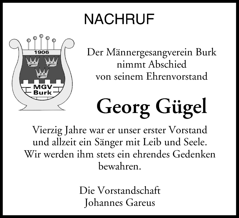  Traueranzeige für Georg Gügel vom 11.01.2017 aus MGO