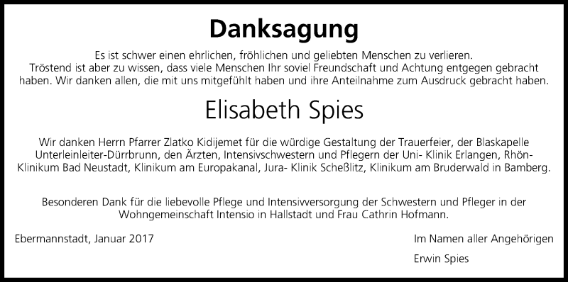  Traueranzeige für Elisabeth Spies vom 27.01.2017 aus MGO
