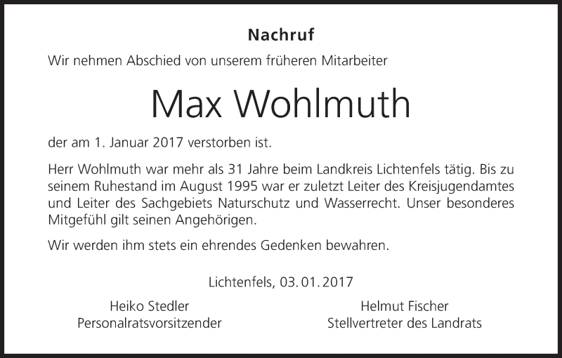  Traueranzeige für Max Wohlmuth vom 05.01.2017 aus MGO