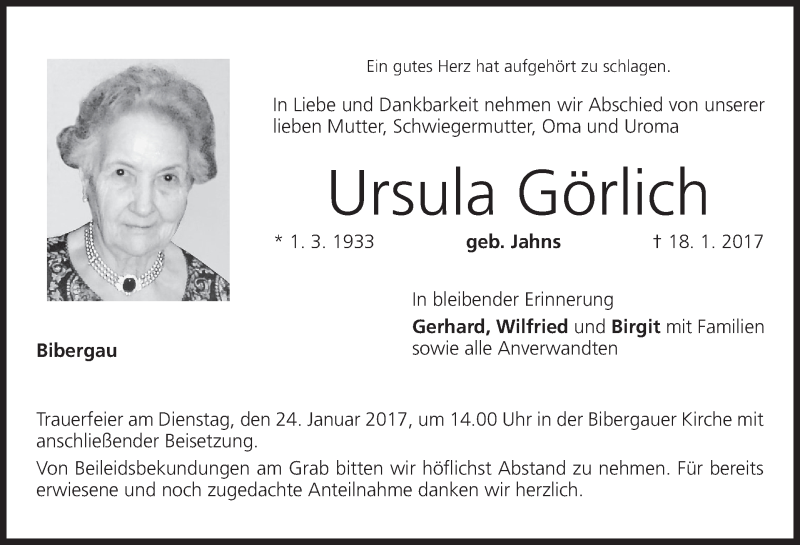  Traueranzeige für Ursula Görlich vom 20.01.2017 aus MGO