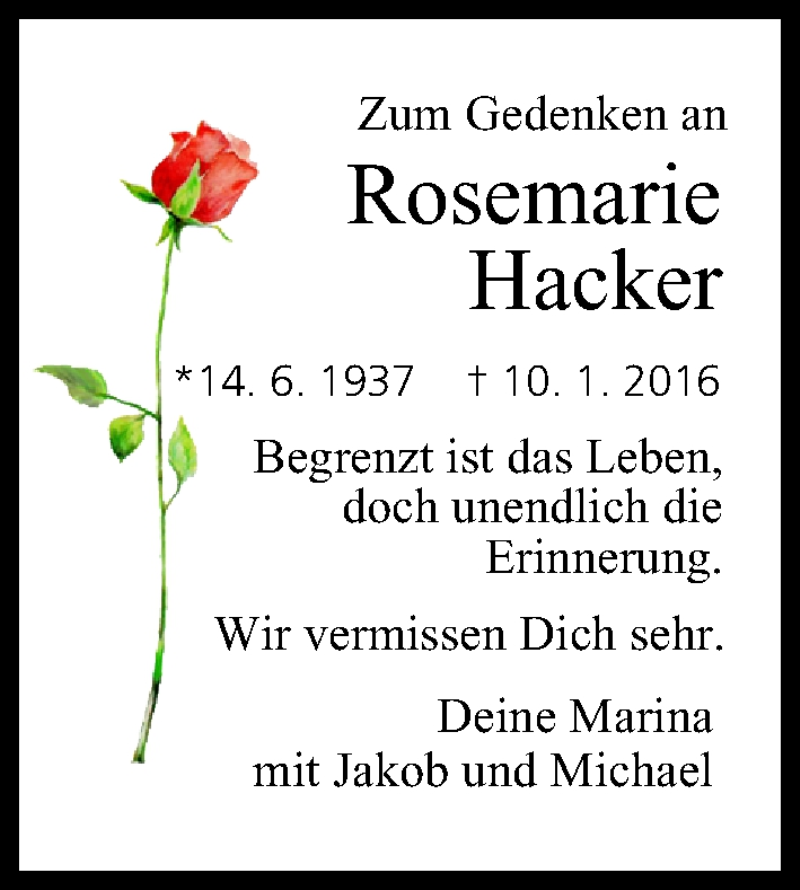  Traueranzeige für Rosemarie Hacker vom 10.01.2017 aus MGO
