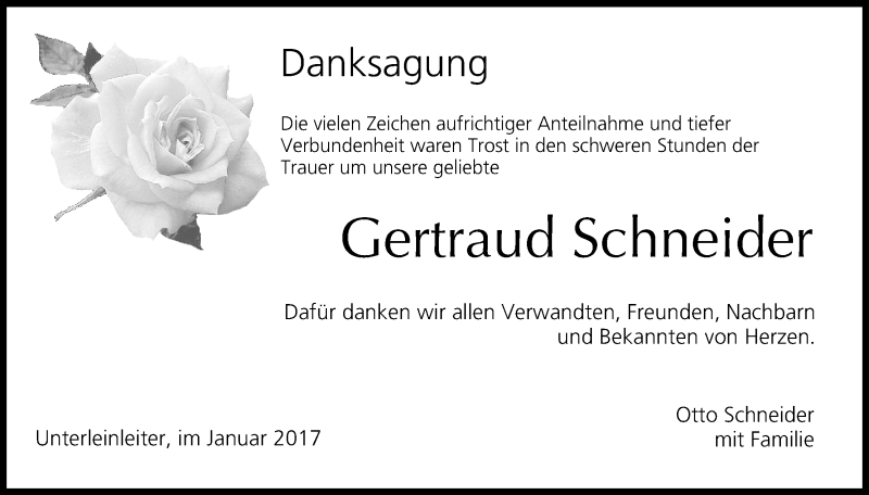  Traueranzeige für Gertraud Schneider vom 21.01.2017 aus MGO