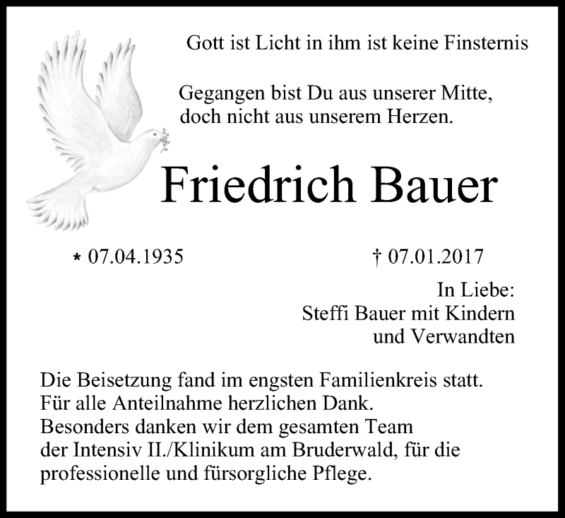  Traueranzeige für Friedrich Bauer vom 16.01.2017 aus MGO