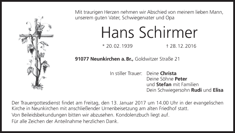  Traueranzeige für Hans Schirmer vom 11.01.2017 aus MGO