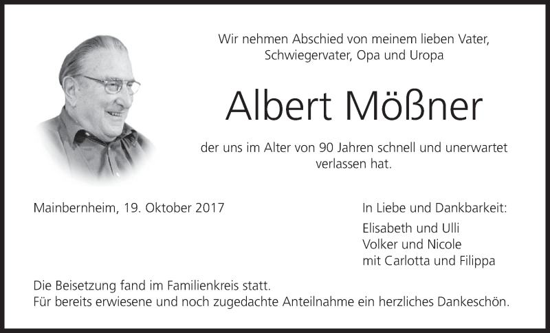 Traueranzeige für Albert Mößner vom 28.10.2017 aus MGO