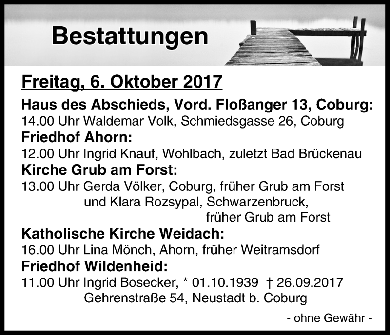 Bestattungen Vom 06.10.2017 | Traueranzeige | Trauer.inFranken.de