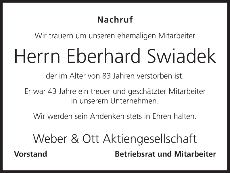  Traueranzeige für Eberhard Swiadek vom 03.10.2017 aus MGO