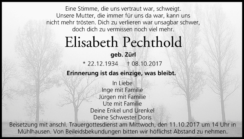  Traueranzeige für Elisabeth Fechthold vom 10.10.2017 aus MGO