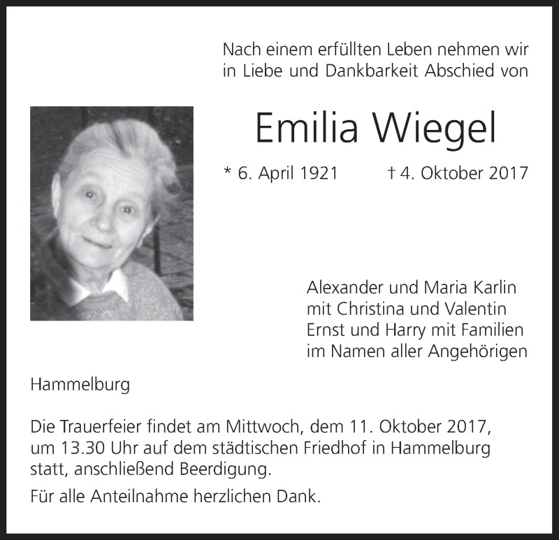  Traueranzeige für Emilia Wiegel vom 07.10.2017 aus MGO