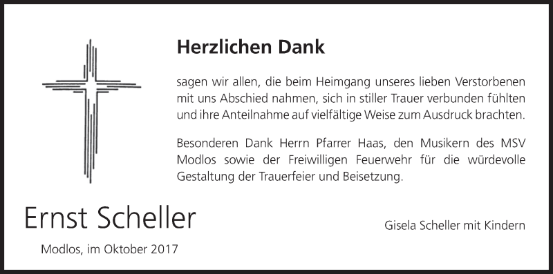  Traueranzeige für Ernst Scheller vom 14.10.2017 aus MGO