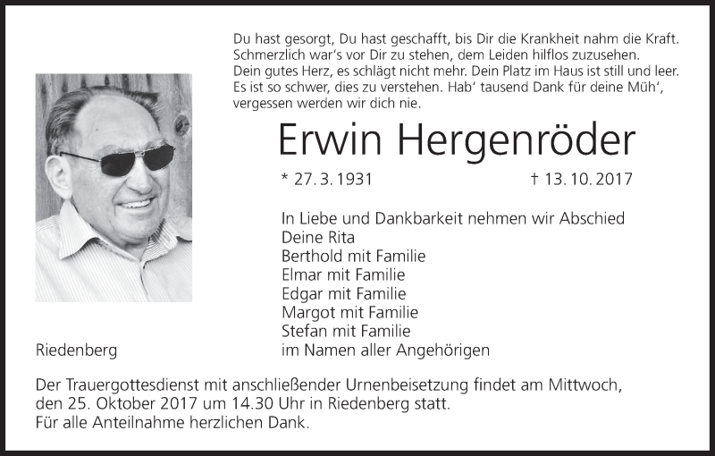  Traueranzeige für Erwin Hergenröder vom 20.10.2017 aus MGO
