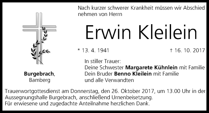  Traueranzeige für Erwin Kleilein vom 21.10.2017 aus MGO