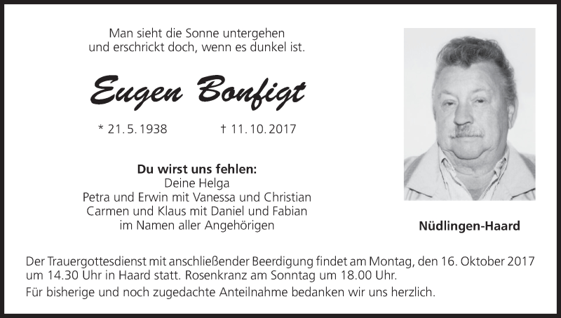 Traueranzeige für Eugen Bonfigt vom 13.10.2017 aus MGO