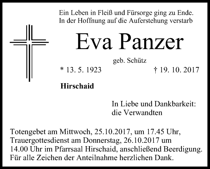  Traueranzeige für Eva Panzer vom 23.10.2017 aus MGO