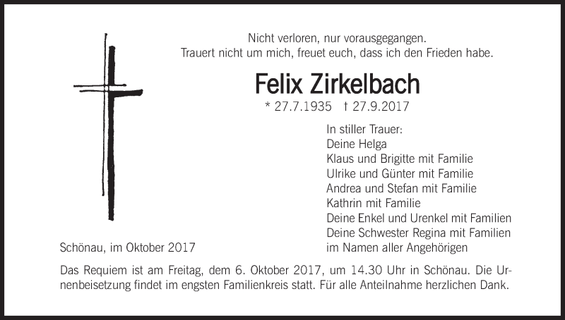  Traueranzeige für Felix Zirkelbach vom 03.10.2017 aus MGO