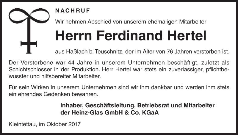  Traueranzeige für Ferdinand Hertel vom 27.10.2017 aus MGO