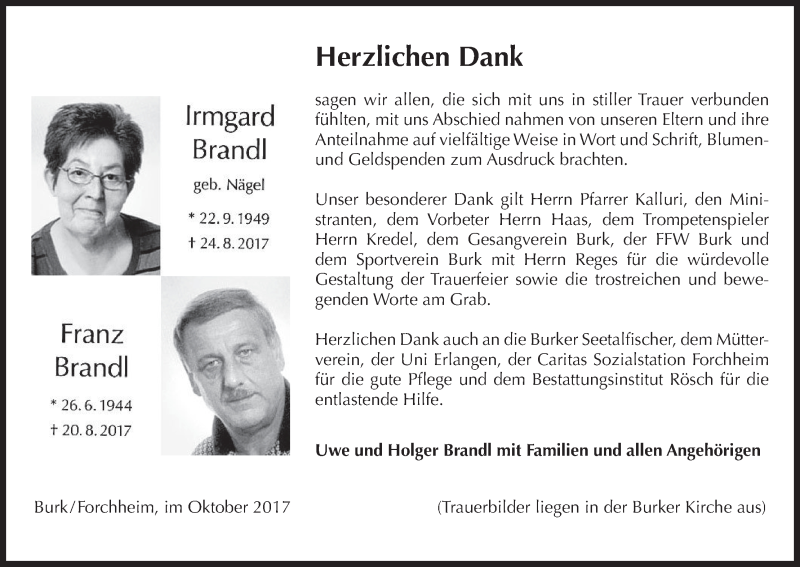  Traueranzeige für Franz Brandl vom 14.10.2017 aus MGO