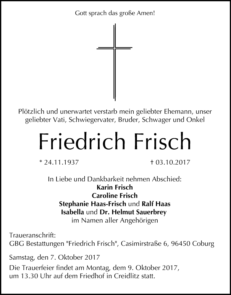  Traueranzeige für Friedrich Frisch vom 07.10.2017 aus MGO