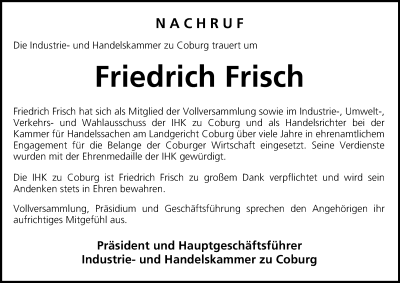  Traueranzeige für Friedrich Frisch vom 10.10.2017 aus MGO