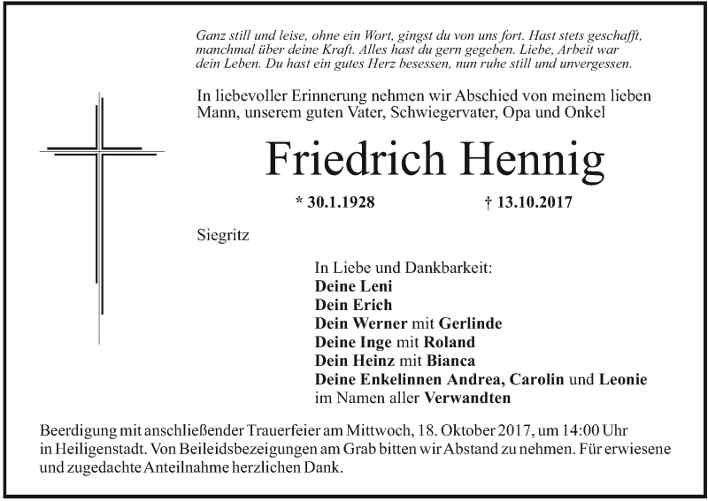  Traueranzeige für Friedrich Hennig vom 16.10.2017 aus MGO