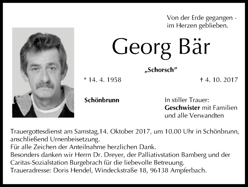  Traueranzeige für Georg Bär vom 06.10.2017 aus MGO