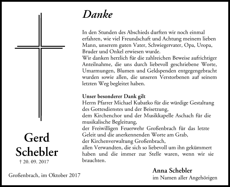  Traueranzeige für Gerd Schebler vom 07.10.2017 aus MGO
