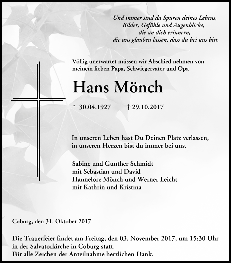  Traueranzeige für Hans Mönch vom 31.10.2017 aus MGO