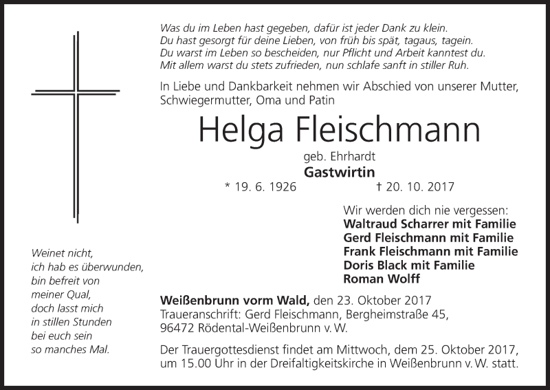  Traueranzeige für Helga Fleischmann vom 23.10.2017 aus MGO