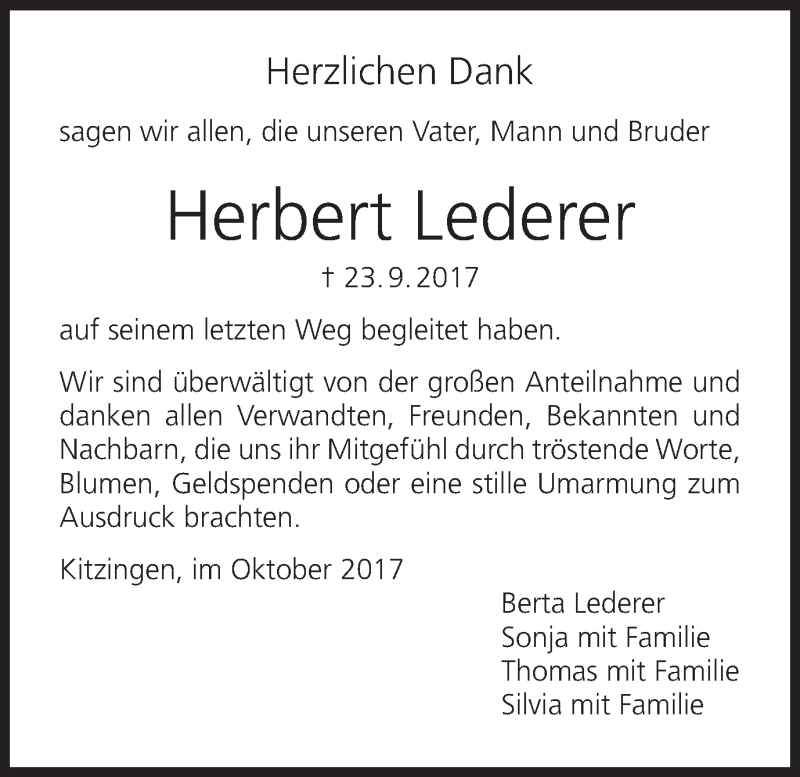  Traueranzeige für Herbert Lederer vom 14.10.2017 aus MGO
