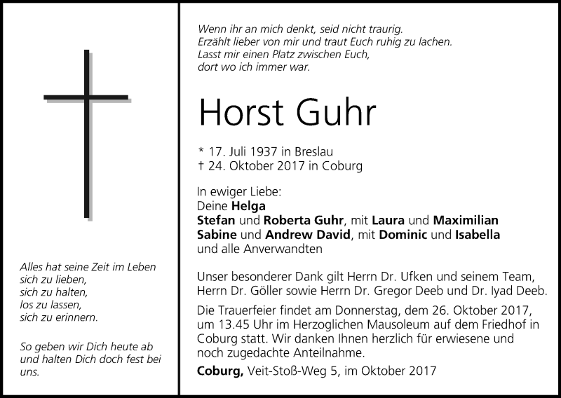  Traueranzeige für Horst Guhr vom 25.10.2017 aus MGO