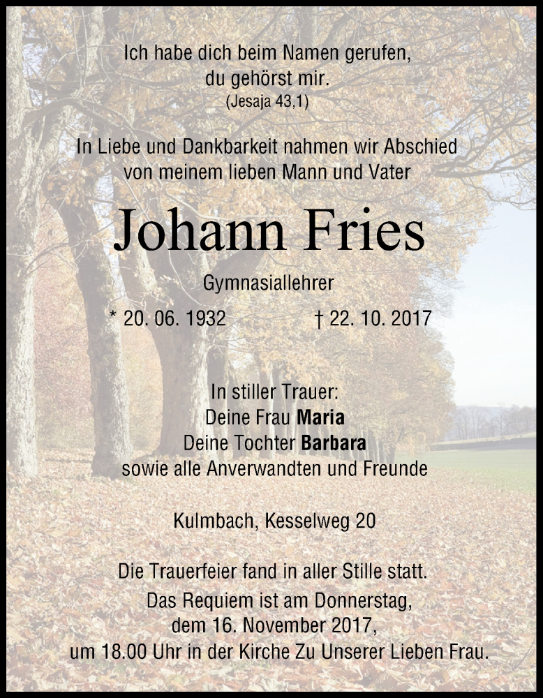  Traueranzeige für Johann Fries vom 28.10.2017 aus MGO