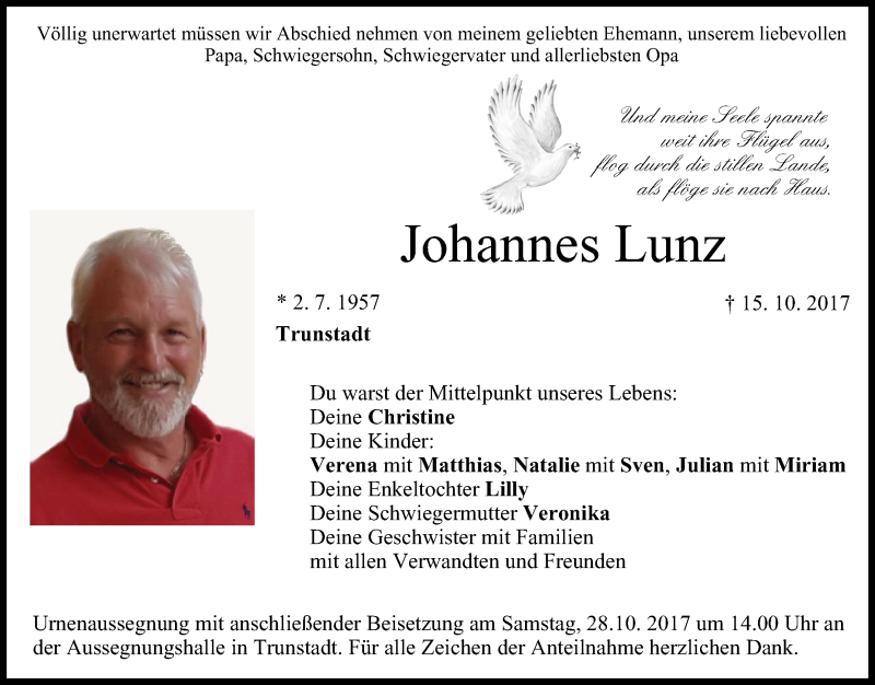  Traueranzeige für Johannes Lunz vom 21.10.2017 aus MGO