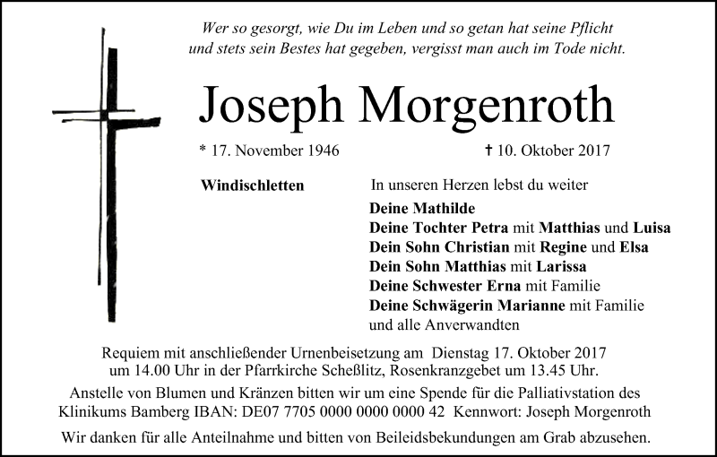  Traueranzeige für Joseph Morgenroth vom 14.10.2017 aus MGO