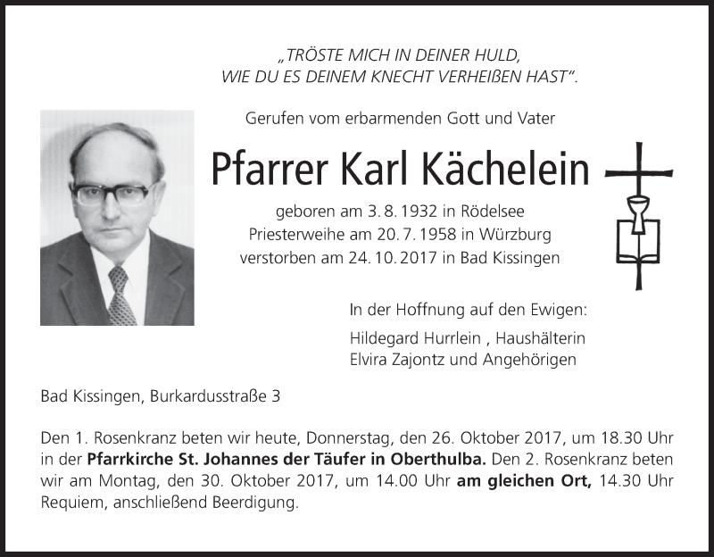  Traueranzeige für Karl Kächelein vom 26.10.2017 aus MGO