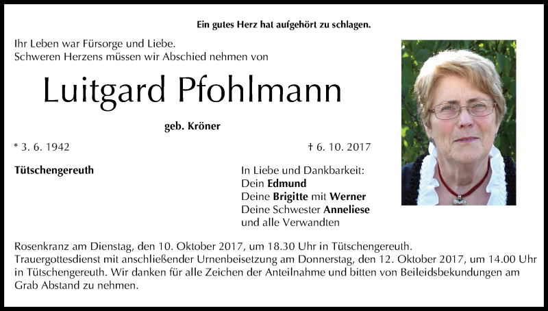  Traueranzeige für Luitgard Pfohlmann vom 09.10.2017 aus MGO