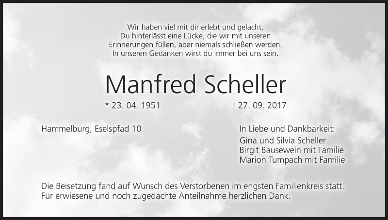  Traueranzeige für Manfred Scheller vom 12.10.2017 aus MGO