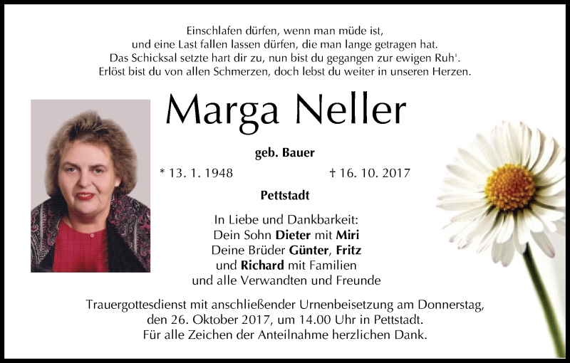  Traueranzeige für Marga Neller vom 21.10.2017 aus MGO