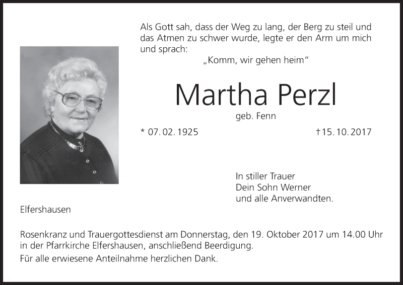  Traueranzeige für Martha Perzl vom 17.10.2017 aus MGO