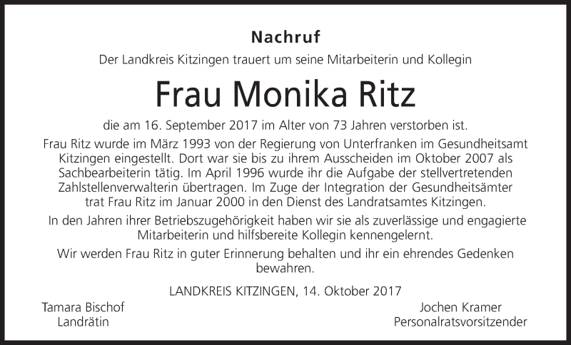  Traueranzeige für Monika Ritz vom 14.10.2017 aus MGO