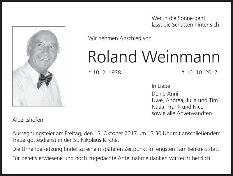  Traueranzeige für Roland Weinmann vom 12.10.2017 aus MGO