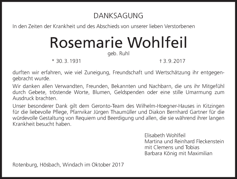  Traueranzeige für Rosemarie Wohlfeil vom 07.10.2017 aus MGO