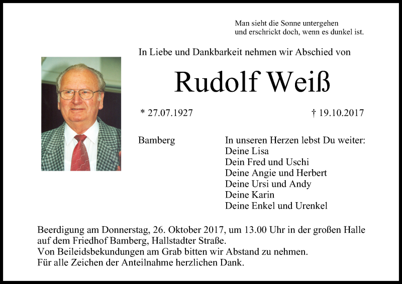  Traueranzeige für Rudolf Weiß vom 21.10.2017 aus MGO