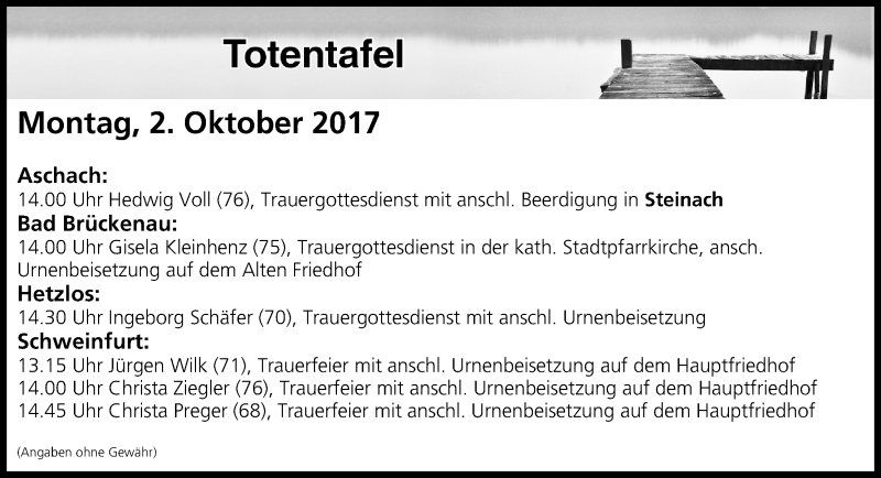  Traueranzeige für Totentafel vom 02.10.2017 vom 02.10.2017 aus MGO