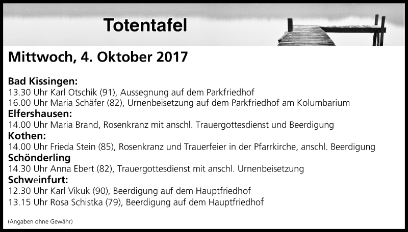  Traueranzeige für Totentafel vom 03.10.2017 vom 03.10.2017 aus MGO