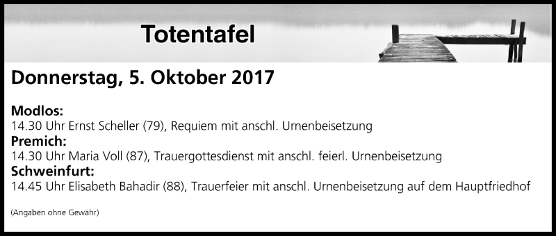  Traueranzeige für Totentafel vom 05.10.2017 vom 05.10.2017 aus MGO