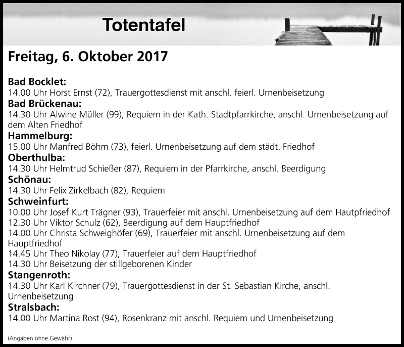  Traueranzeige für Totentafel vom 06.10.2017 vom 06.10.2017 aus MGO