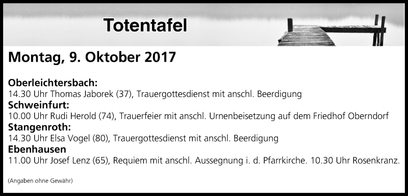 Traueranzeige für Totentafel vom 09.10.2017 vom 09.10.2017 aus MGO