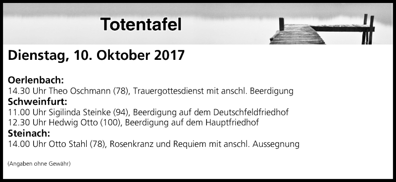  Traueranzeige für Totentafel vom 10.10.2017 vom 10.10.2017 aus MGO