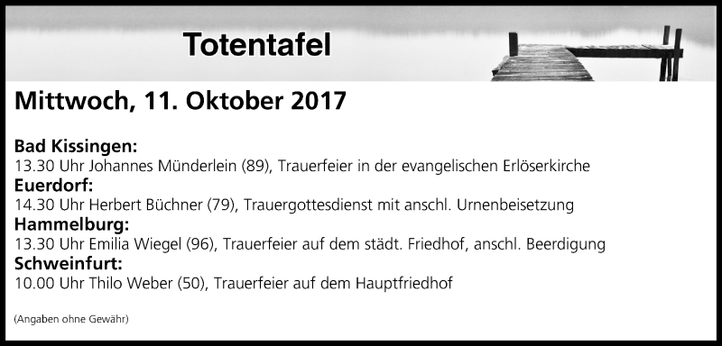  Traueranzeige für Totentafel vom 11.10.2017 vom 11.10.2017 aus MGO