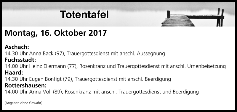  Traueranzeige für Totentafel vom 16.10.2017 vom 16.10.2017 aus MGO